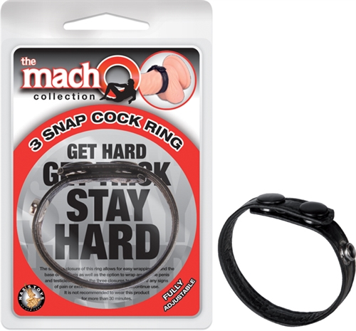 The Snap-On Faux Leather Ring is made to suit every man with 3 adjustable snaps that securely squeeze a mans penis and scrotum. The ring can be worn at the base of the penis or around the penis and testicles for prolonged stronger erections.