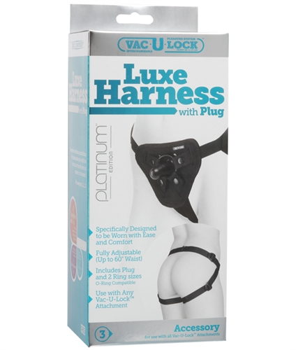 The Luxe Harness is sleek in design with simple lines and a comfortable construction. Easily adjustable up to 69-inches with pull-to-tighten straps open crotch and rear and a snap front for swapping out attachments. Made of smooth black neoprene the Luxe works with all Vac-U-Lock attachments as well as strap-on compatible toys. Includes two O-rings. Designed for use by women and men.