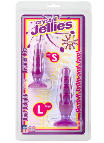 Explore your backdoor with confidence. With a small and medium plug the Crystal Jellies Anal Trainer Kit is the perfect fit for anal beginners. The small plug is 3.5 inches in diameter with 3.75 inches  insertable length the large plug is 4.25 inches in diameter with 4.75 inches insertable length. These plugs feature a wide flared base for safe and comfortable anal play. Crystal Jellies are made from non-phthalate body safe material which includes Docs Anti-bacterial Sil-A-Gel formula.