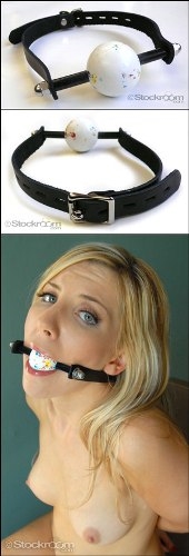 Leather strap plastic bit gag holds an edible jawbreaker. Made for advanced players.