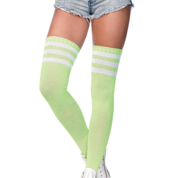 3 Stripes Athletic Ribbed Thigh Highs - One Size - Neon Green