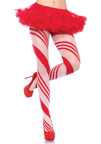 Sheer white and red pantyhose with candy stripes. One sizes fits most (90-160 lbs) <br><br> Boxed Item