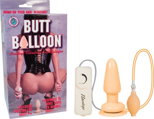 Vibrating inflatable butt plug with suction cup base. Squeeze bulb and quick air release valve. Expands to 3X it is  size