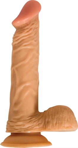 Flexible pigmented realistic flesh erection cock with balls. Suction cup base. Perfect for anal or vaginal satisfaction. AA batteries not included.