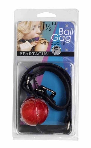 Ball gag with black leather strap with buckle.