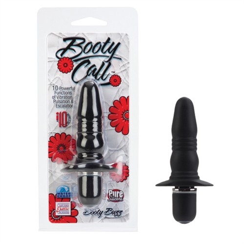 Booty call a premium collection of vibrating silicone products designed for intimate play. Soft pliable vibrating silicone probe. Ribbed for personalized pleasure. 10 powerful functions of vibration pulsation and escalation. Push button control with LED light.