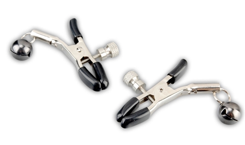 Push your erotic experience to new extremes with the Nipple Clips. Hypoallergenic medical-grade steel keeps you safe as you adjust the clamps to pinch your plump nipples to your precise threshold of erotic stimulation. Little bells make it very hard to escape your lovers clutches. <br><br> MEASUREMENTS: <br>  Length: 6.69" (16.99 cm) <br>  Width: 3.46" (8.79 cm)