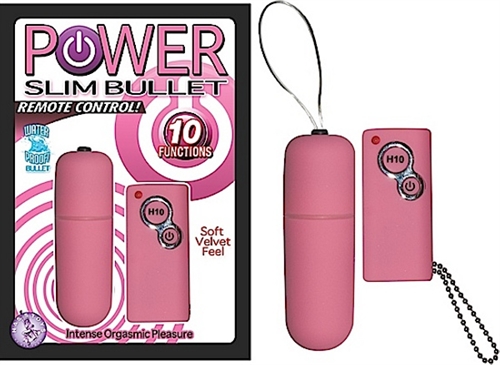 Power Slim Bullet Remote Control - Intense Orgasmic Pleasure <br><br>  10 functions <br>  Wireless remote control slim bullet <br>  Intense orgasmic pleasure <br>  Waterproof bullet <br>  Phthalates free <br>  RoHS compliant <br><br> Length: 2.5" (6.35 cm) <br> Diameter: 2.69" (6.83 cm)