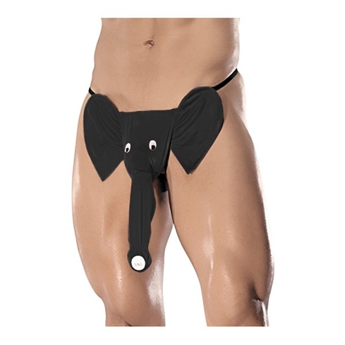 Novelty Squeaker Elephant g-string features googly eyes and elephant ears in front pouch with elongated elephant truck shaft and functional squeaker g-string back and elastic waistband.