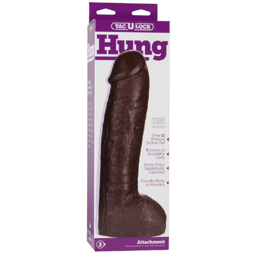 Hung is 12 and a half inches of plump head and bulging veins. 3 inches thick and ready to fill you up. This big daddy is sure to satisfy the greatest of appetites. Hung can be used with patented Vac-U -Lock system an O-ring harness or by itself.