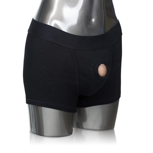 Discreet 2-panel design to accommodate dual penetration. or probes. Soft stretchy and comfortable. Comfortable soft lining. Internal strap to secure your packer in place. Internal pockets to add a favorite stimulator. <br> XSmall / Small: 28-32 inch