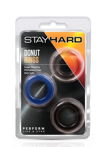 Perform like the stud you are! These Stay Hard Rings are a simple seductive add-on to prolong your erection so you can prolong your sessions with your partner! Stay Hard cock rings provide amazing benefits as these can be used around the shaft or both the shaft and the testicles to increase both your size and stamina. <br><br> Stay Hard Donut cock rings are also made of body safe and super stretchy Elastomer for your safety and hygiene during your intimate play. So pick up this Elastomer Donut Ring by Blush tonight