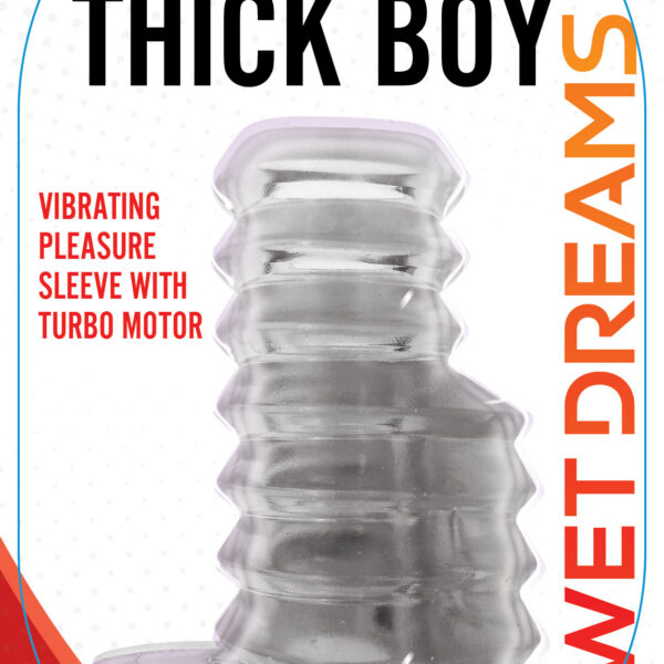 Now you and your partner can experience the Joy of a fuller member when you slide your member into the Thick Boy Turbo Sleeve. Special ribbed design with scrotum ring will have your partner feeling your powder while racing into Erotic Overdrive with the super powerful Turbo Motor. <br><br> MEASUREMENTS: <br>  Length: 2" (5.08 cm) <br>  Width: 3" (7.62 cm)