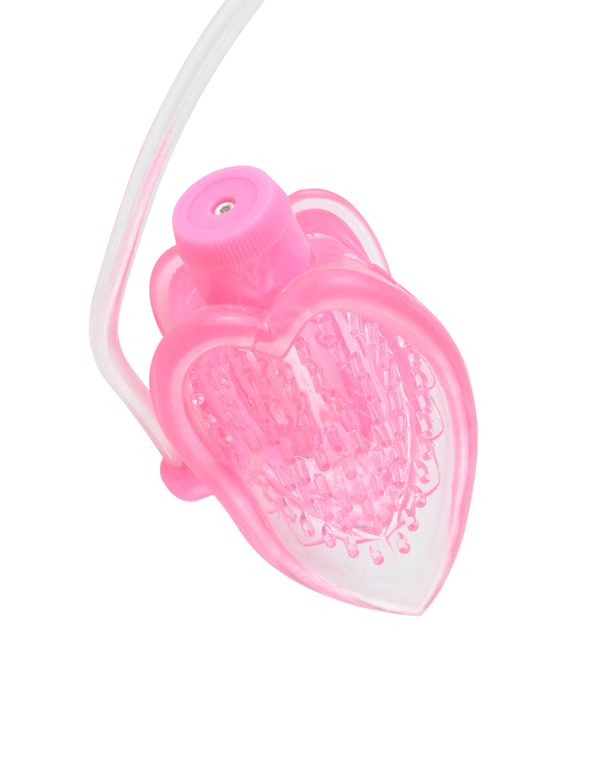 Get just the right amount of stimulation where you want it most with the Vibrating Mini Pussy Pump. Simply place the soft heart-shaped suction cup over your lips then activate the high intensity super suction by pulling on the easy-grip trigger. The powerful suction action holds the cup in place creating an air-tight vacuum against your body. The tiny ticklers tease and please directly over the clit while the contoured design conforms to your bodys curve and stays in place without using your hands. Turn the dial on the powerful micro bullet and enjoy incredible vibrations and direct clitoral stimulation. To relieve the pressure press the quick release valve on the pump handle and you are ready for fun.
