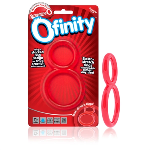 The Ofinity double erection ring gives men an (almost) eternal erection! Its isolation design constricts blood flow for concentrated enhancement that lasts and lasts and accomodates almost any size member. This stretchy cock ring has one purpose: to help keep his erections harder for longer while helping to prevent premature ejaculation. Simply stretch the top ring around the shaft and the bottom ring around the testicles and postion them against the base of the body-they will fit tight and snug in order to slow circulation and help him maintain a stronger erection and last longer in the bedroom. This dual action sex toy for men also helps increase sensitivity and promotes more intense and powerful orgasms