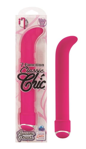The 7-Function Classic Chic Standard "G" Vibe is the perfect intimate massager to use on your own or to use with your partner. Add a sense of fun and excitement to life's most intimate moments and let the stylish massager give your G-spot the ultimate massage and stimulation with its sensually curved head and its 7 orgasmic massage functions. Measuring 6.25" in length and 1" in width the Standard "G" Vibe is a great size for women looking for a deeper