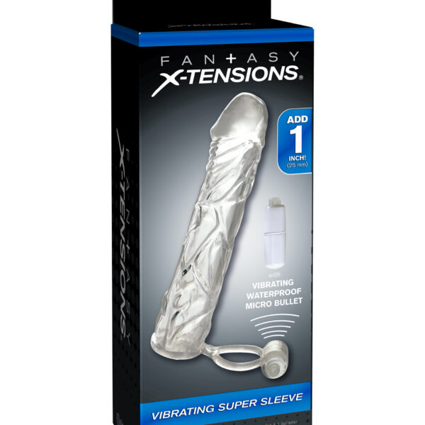 The Vibrating Super Sleeve is a lifelike textured extension that gives you the girth length and confidence to satisfy your lover. It's super stretchy to accommodate most sizes and snug enough to help you last longer. The ball strap holds the extension in place prolongs ejaculation and features a powerful micro vibe for explosive climaxes. Your partner will enjoy deeper penetration with the 1-inch extension at the tip while you watch your  dick grow bigger and thicker than ever before through the creystal clear sleeve. Try it in the shower or spa and turn bath time into pleasure time.