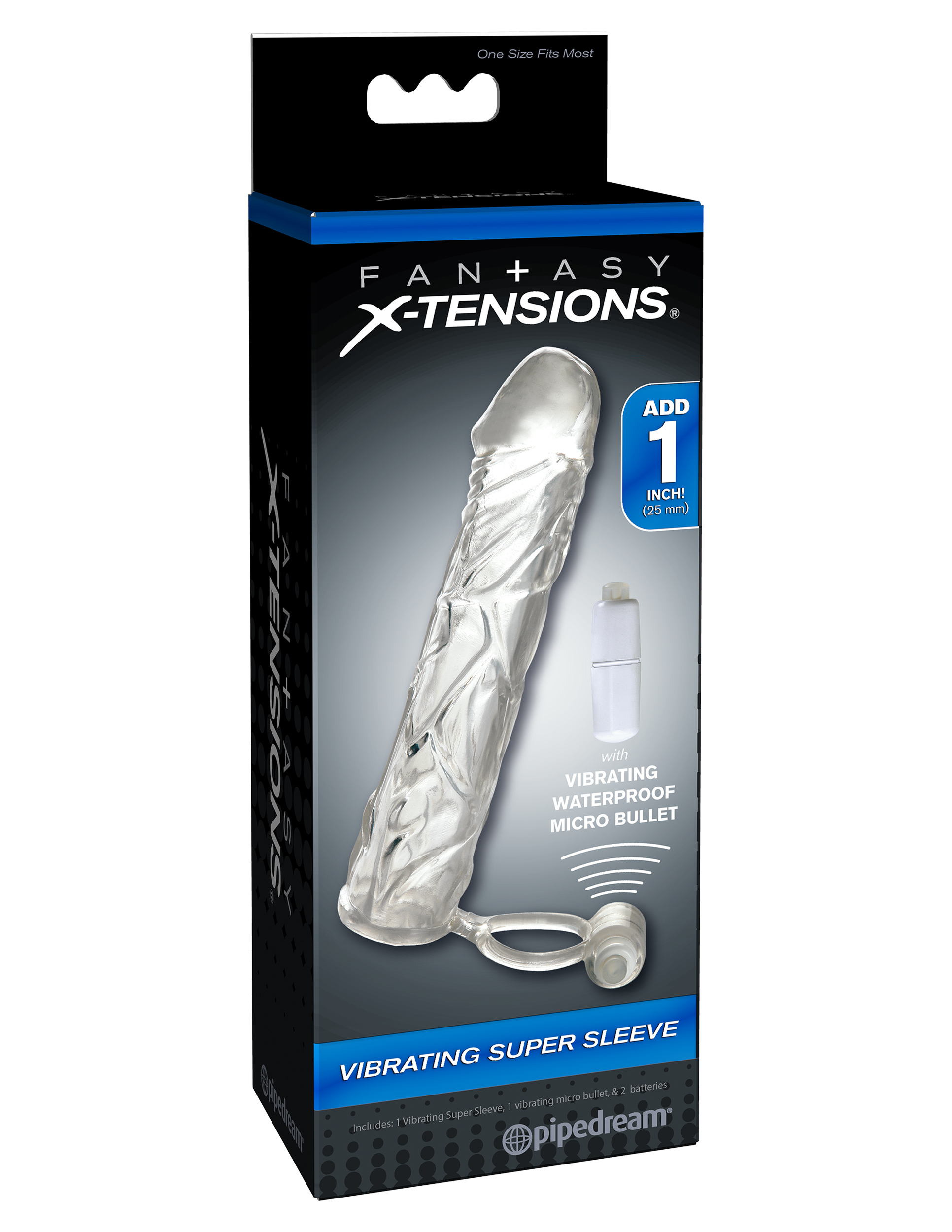 The Vibrating Super Sleeve is a lifelike textured extension that gives you the girth length and confidence to satisfy your lover. It's super stretchy to accommodate most sizes and snug enough to help you last longer. The ball strap holds the extension in place prolongs ejaculation and features a powerful micro vibe for explosive climaxes. Your partner will enjoy deeper penetration with the 1-inch extension at the tip while you watch your dick grow bigger and thicker than ever before through the creystal clear sleeve. Try it in the shower or spa and turn bath time into pleasure time.