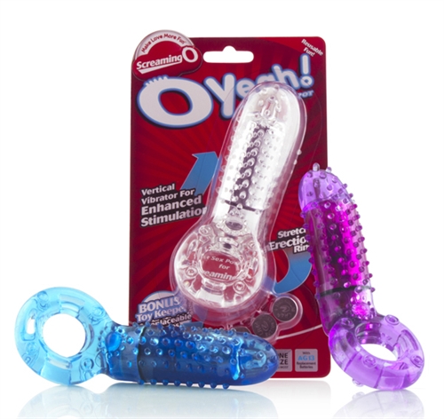 The O Yeah is the OWows distinctive cousin featuring the same super powered stimulation but with a vertically mounted head positioned for the best intimate clitoral contact even during intercourse. Curved stimulation extenders send tingling streams directly to her pleasure source where most horizontal rings cant reach and a one-size-fits all erection band keeps him hard and horny as long as they both can go. Denser silicone construction keeps the vibrator steady and in place and sends the vibration throughout the entire ring so couples can enjoy the multiple screaming Os together.