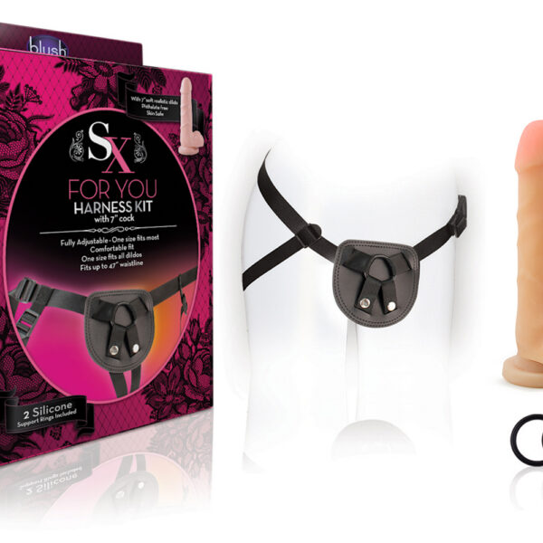 SX For You Beginners Harness with 7-inch cock is an evolution in adjustable strap-on systems. Compromised of 2 strong silicone support rings theres no need to measure dildos ever again. Fasteners secure the support rings making SX For You Beginners Harness compatible with all dildos - even extreme dildos. Durably constructed strap-on harness is for the first timers and advanced players alike. The performance pad is constructed from velvety smooth faux leather and the adjustable straps are soft bylon for comfortable wear. The included dildo is made from soft phthalate-free PVC for a realistic feel. SX For You Beginners harness fits up to a 47-inch waistline.