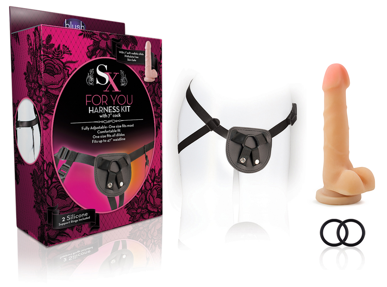 SX For You Beginners Harness with 7-inch cock is an evolution in adjustable strap-on systems. Compromised of 2 strong silicone support rings theres no need to measure dildos ever again. Fasteners secure the support rings making SX For You Beginners Harness compatible with all dildos - even extreme dildos. Durably constructed strap-on harness is for the first timers and advanced players alike. The performance pad is constructed from velvety smooth faux leather and the adjustable straps are soft bylon for comfortable wear. The included dildo is made from soft phthalate-free PVC for a realistic feel. SX For You Beginners harness fits up to a 47-inch waistline.