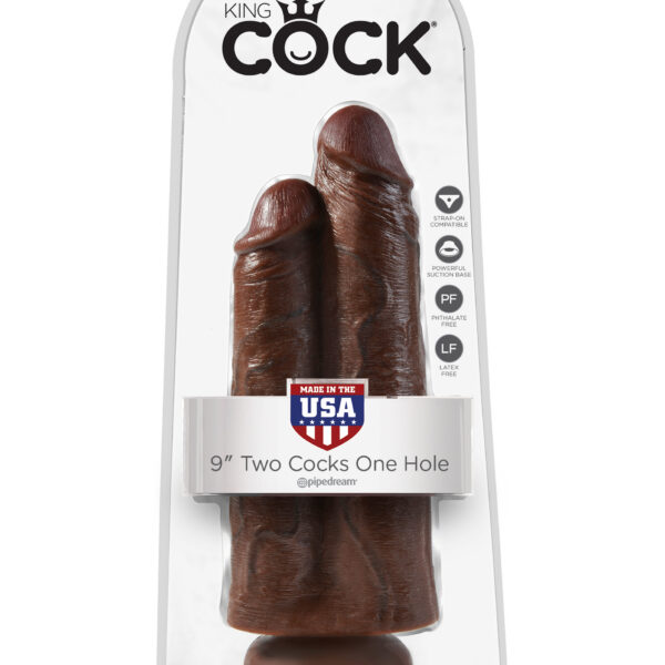 King Cock 9 Inch Two Cocks One Hole - Brown