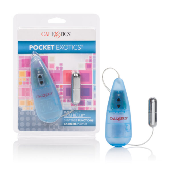 The discreetly sized Pocket Exotics Impulse Silver Slim Bullet is a compact  personal massager that boasts 5 intensely powerful vibration and pulsation  functions. The ultra sleek and slim bullet shaped stimulator is designed for  erotic exploration and sensual satisfaction and is ideal for intimate play  wherever you go. <br><br> The easy to use slim bullet measures 2.25" x 0.75" (5.75 cm x 2 cm) and is made  from body safe silver-plated ABS. The tanalizing power is controlled via a  teardrop shaped PP controller that features EZ touch controls. Insert 2 AA  batteries to power up the orgasmic sensations. The pocket-friendly vibe offers  a choice of 5 vibration and pulsation functions that can be used to massage and stimulate the erogenous zones.  <br><br>  5 functions of intense vibration