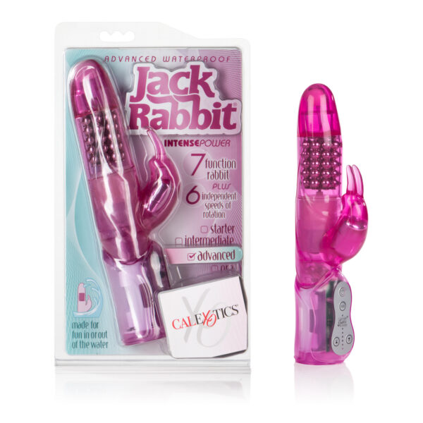 Advanced waterproof and multi-functional. Flickering bunny ears with 7 functions of independent vibration pulsation and escalation. 6 speeds of independent rotation. Non-jamming synchronized rotating beads. Easy push button controls with auto off button. EZ load battery case.