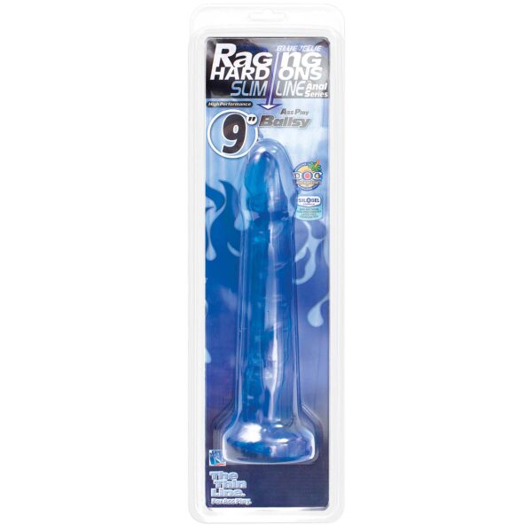 9 inches of blue jelly pleasure. This slim and small raging hard on is for the shy and cautious. The balls make this toy more stable easier to control <br><br> Length: 9" <br> Insertable length: 8.25 <br> With: 1.25" <br> Circumference: 4"