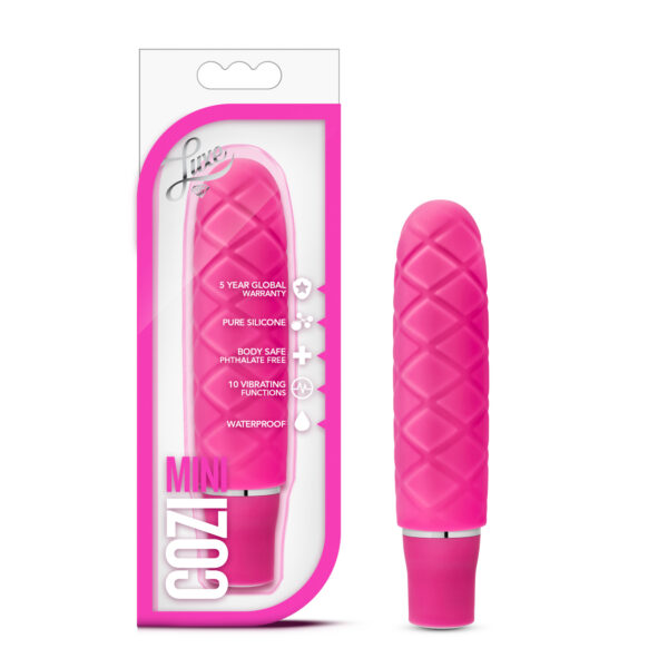 Molded from pure body-safe silicone Cozi Mini intrigues with its fun cushiony pattern and smooth satin finish. Craving a different sensation. Just remove the silicone sleeve and it becomes a sleek mini vibe. Cozi Mini has two speeds of vibration and its waterproof. Enjoy Cozi Mini wherever and however you want.