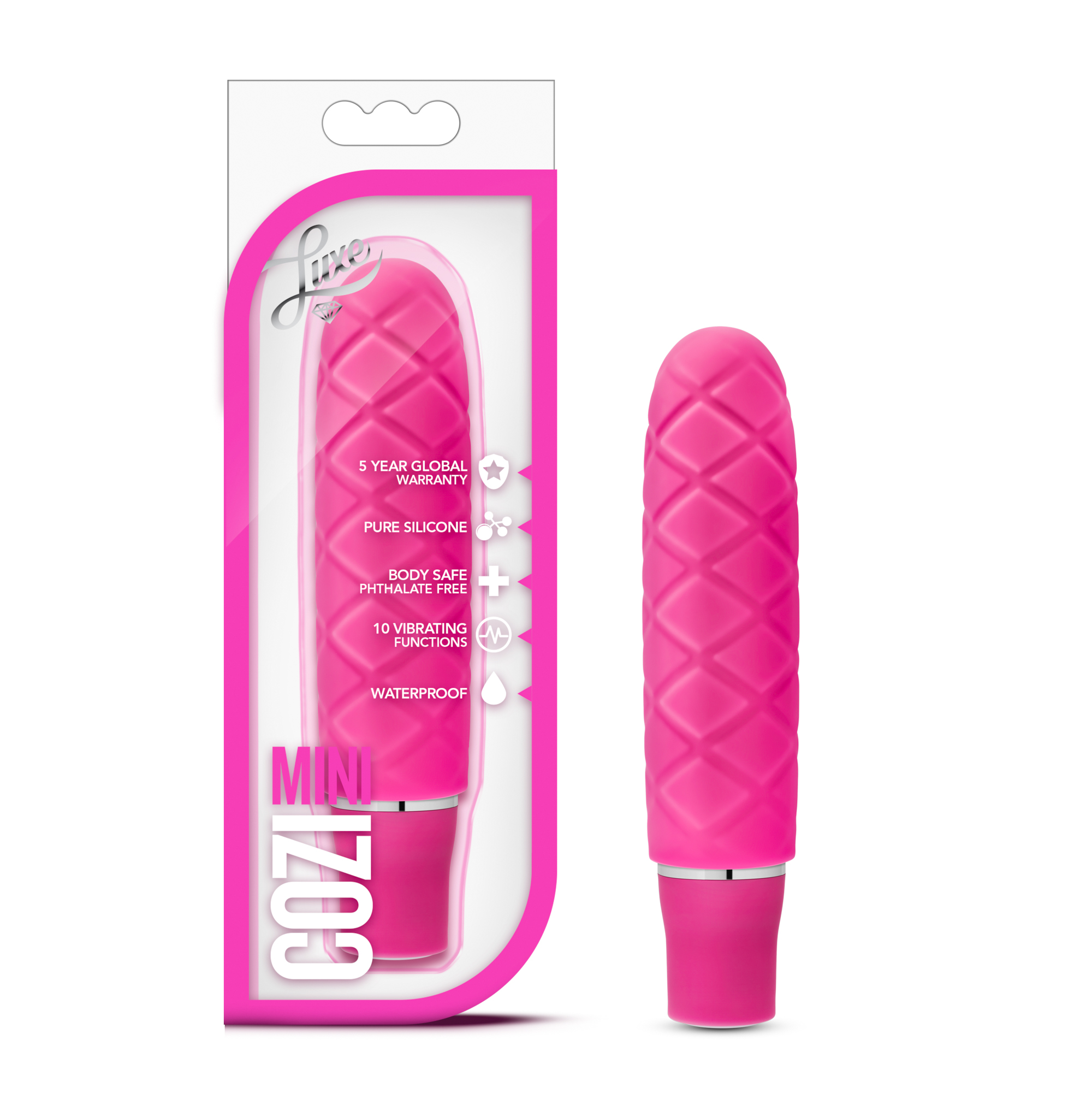Molded from pure body-safe silicone Cozi Mini intrigues with its fun cushiony pattern and smooth satin finish. Craving a different sensation. Just remove the silicone sleeve and it becomes a sleek mini vibe. Cozi Mini has two speeds of vibration and its waterproof. Enjoy Cozi Mini wherever and however you want.