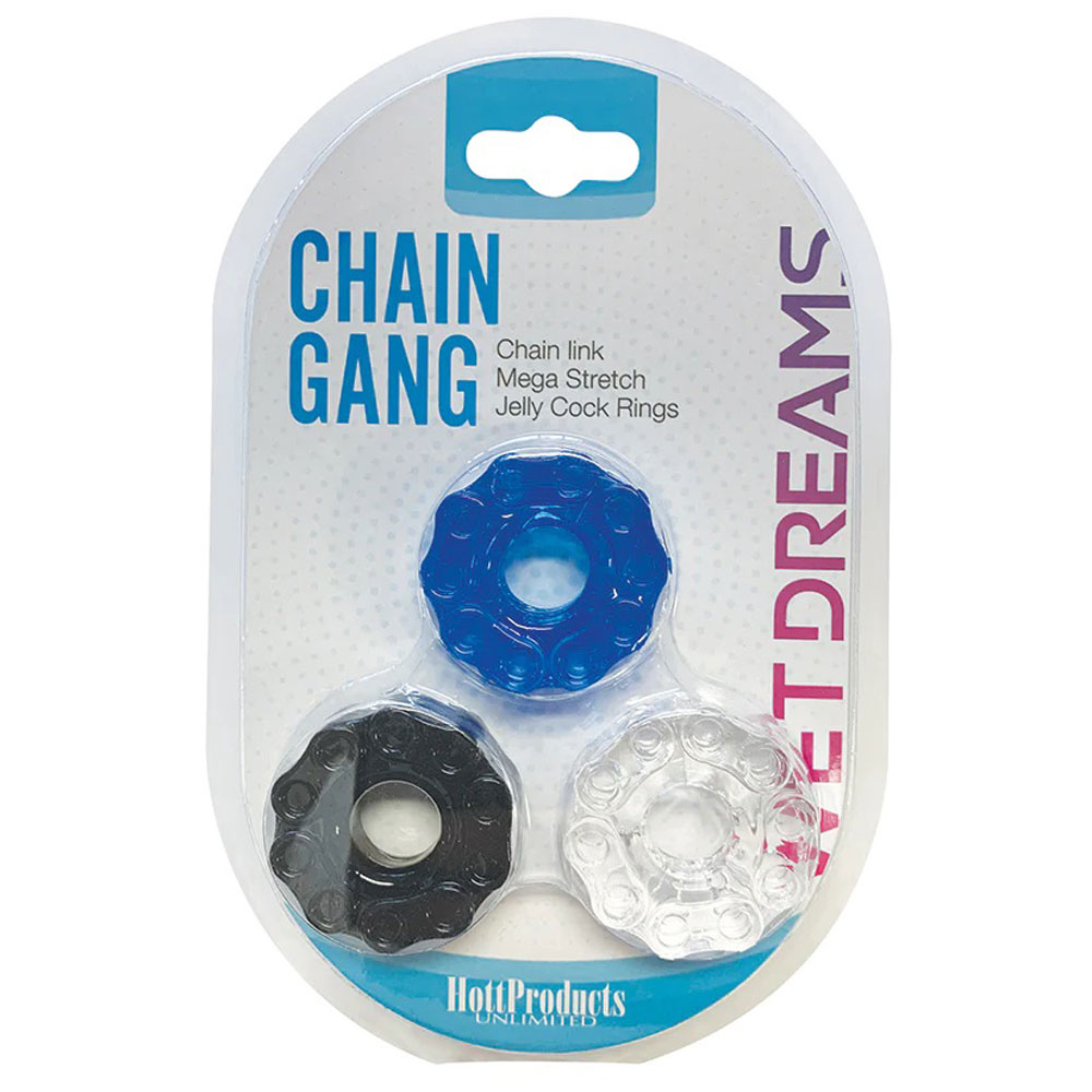 Chain link Mega Stretch Jelly Cock Rings Chain up your member in hardcore style with these fun Chain Link super stretch silicone love rings. 3 Pack Clear Black Blue MEASUREMENTS: Length: 3.50" (8.89 cm) Width: 1" (2.54 cm)