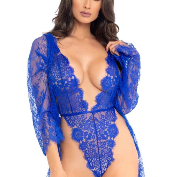 3pc Lace Teddy and Robe Set - Medium -  Royal Blue