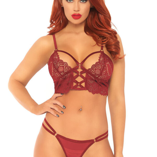 2 Pc Lace Bralette With Cage Strap O-Ring Bodice Detail and Matching G-String - Burgandy - Medium/ Large