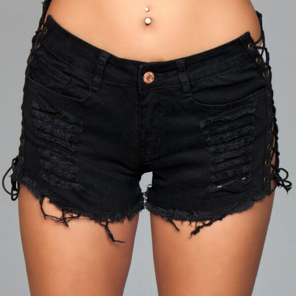 Denim Shorts With Lace Up Side Details and Distressed Details on Front and Back - Small