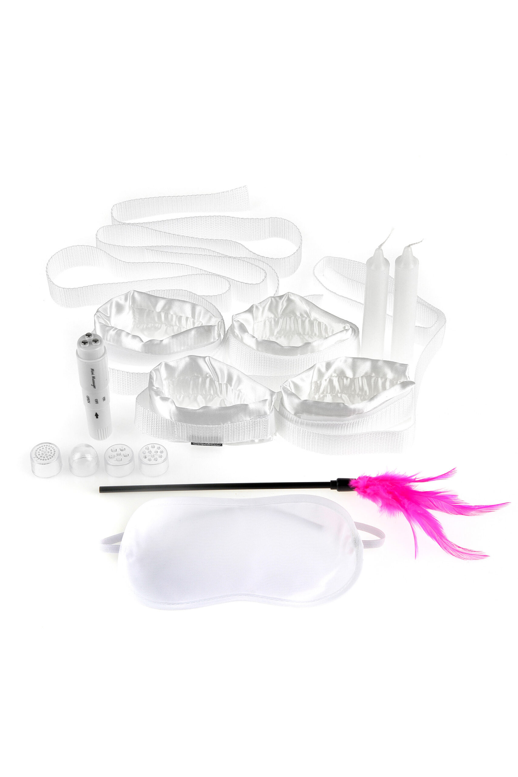 everything you need for a night of fantasy and romance is included in the kit: 4 nylon tethers with adjustable satin cuffs