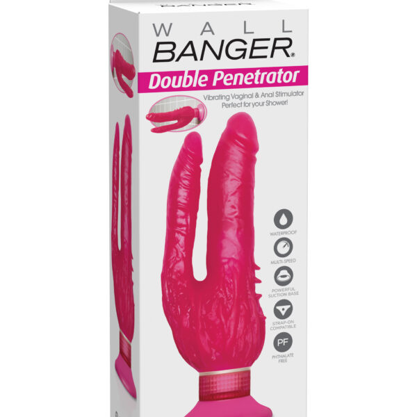 Enjoy wall-bangin' satisfaction every time with this incredible vibrating Double Penetrator stimulator. <br><br> With its powerful suction-cup base holding the dong securely in place