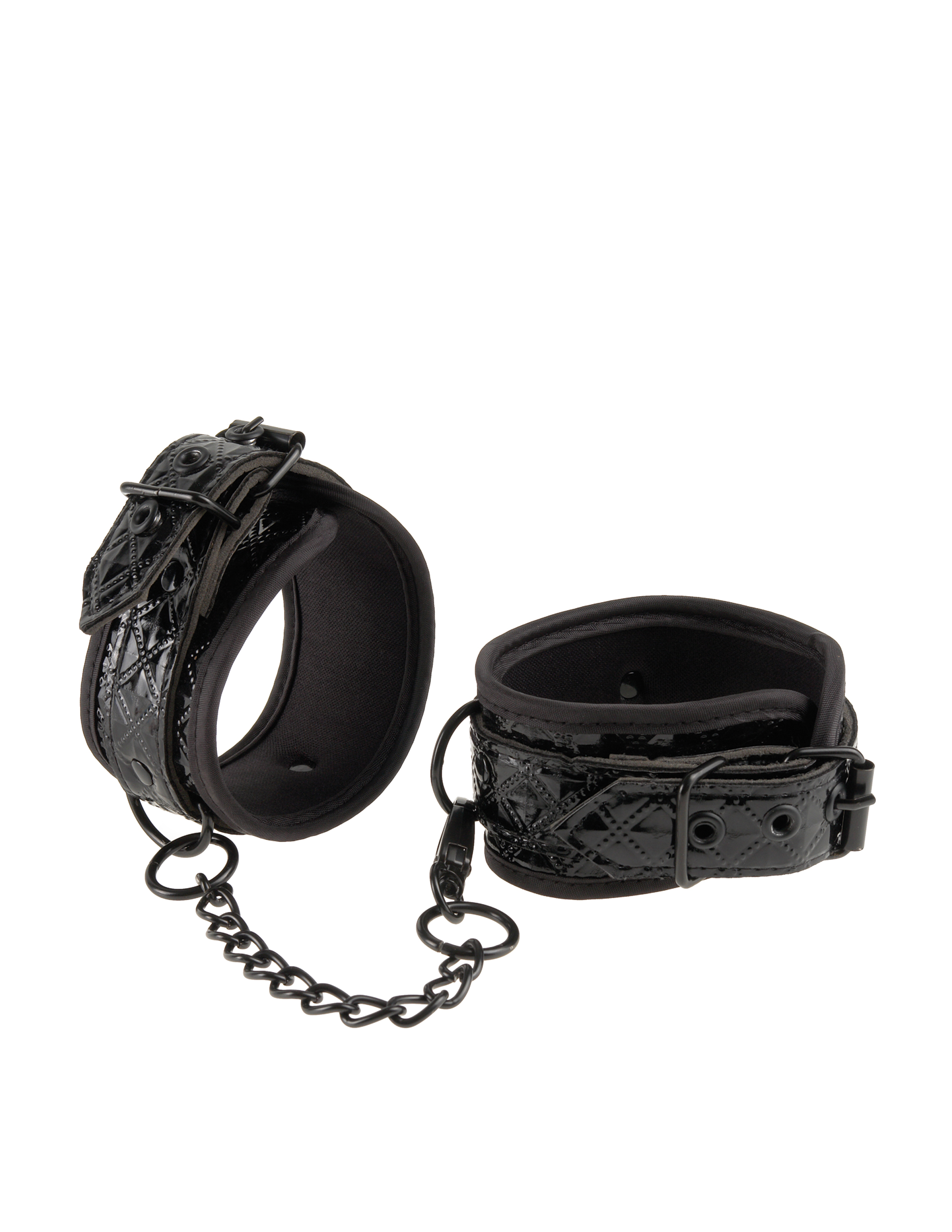 these heavy-duty vinyl cuffs feature an elegant textured diamond pattern to keep your lover comfortably constrained and looking sexy. These cuffs are made to play hard with super sturdy metal hardware and buckle closures to ensure your lover won't escape anytime soon.