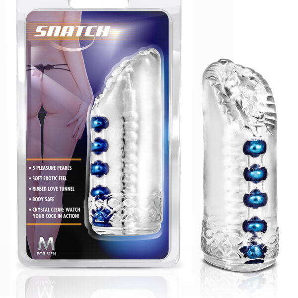Get ready for some serious action tonight. Snatch is well equipped to handle your stroke session. Lined with 5 pearls of pleasure and a ribbed tunnel your cock will get the extra stimulation it deserves. An open end means you can POP the TOP. Use by yourself or have your partner do the stroking for you as you watch your cock in action through the crystal clear walls. Super soft for an erotic feel.
