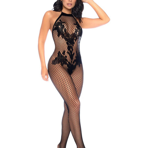 Vino Noir Floral Fishnet Bodystocking - Os - Black