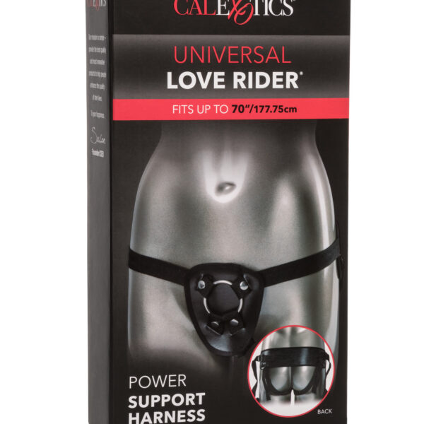 Explore your wildest fantasies with the Universal Love Rider Power Support  Harness. The easy to wear supportive harness is designed with ultimate kinky  pleasure in mind and made for use with your favorite probe. The fully  adjustable harness also has elastic straps