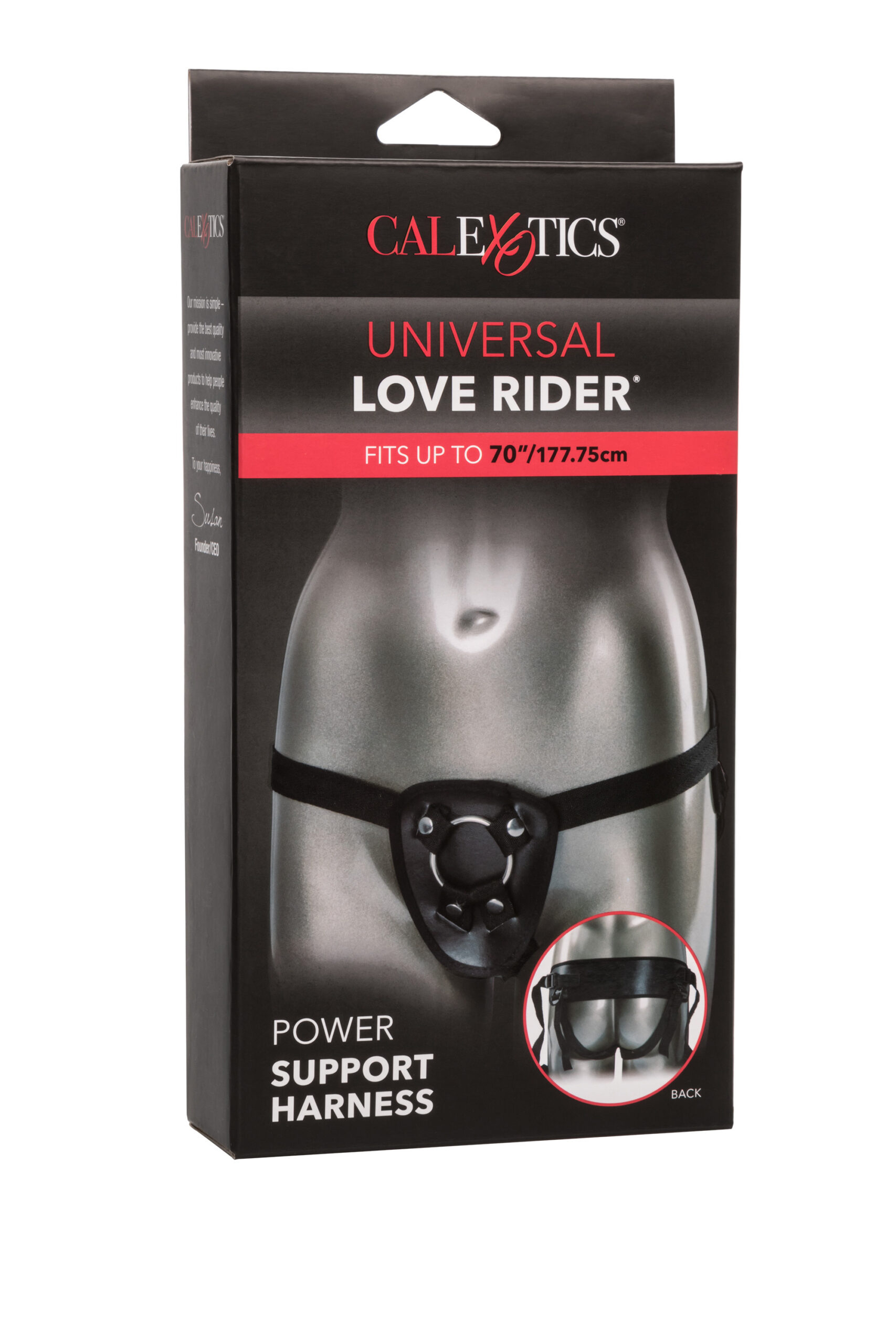 Explore your wildest fantasies with the Universal Love Rider Power Support Harness. The easy to wear supportive harness is designed with ultimate kinky pleasure in mind and made for use with your favorite probe. The fully adjustable harness also has elastic straps