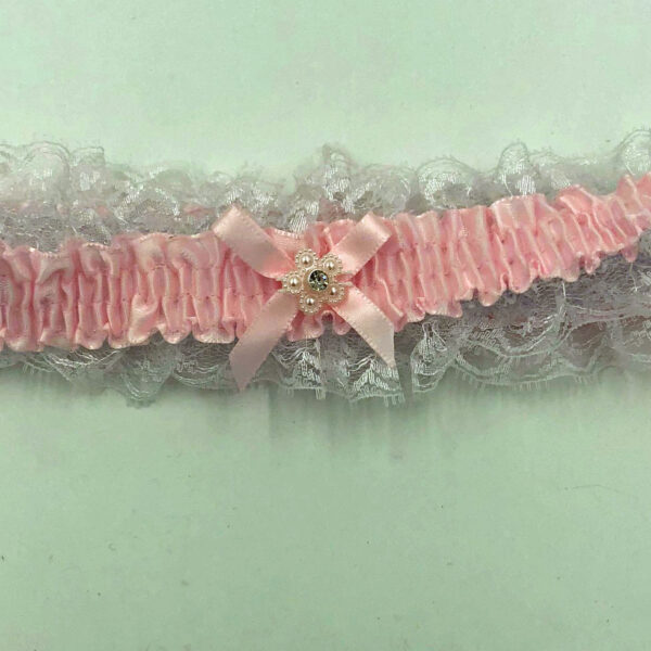 Satin Leg Garter - One Size - Baby Pink With White Lace