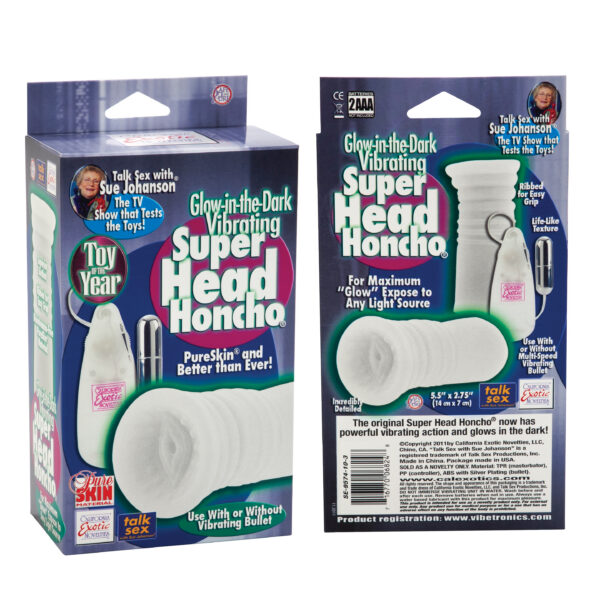 The award winning Head Honcho now vibrates and glows-in-the-dark. Use with or without multi-speed vibrating bullet. Incredibly detailed tight and stretchy stroker with a nubbed inner chamber. Life-like texture superior suction. Ribbed for easy grip use. Expose to any light source for maximum glow.
