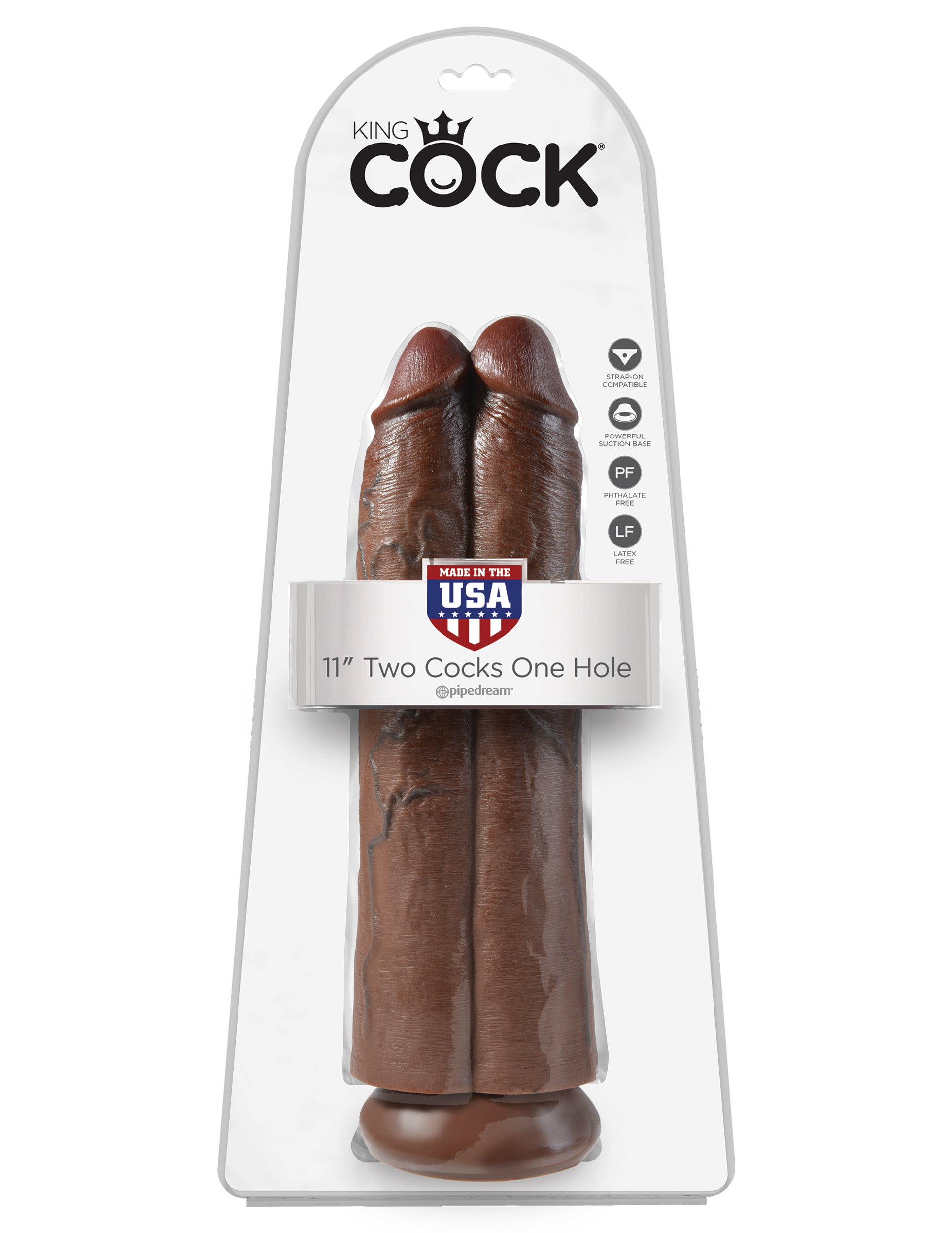 King Cock 11" Two Cocks One Hole - Brown