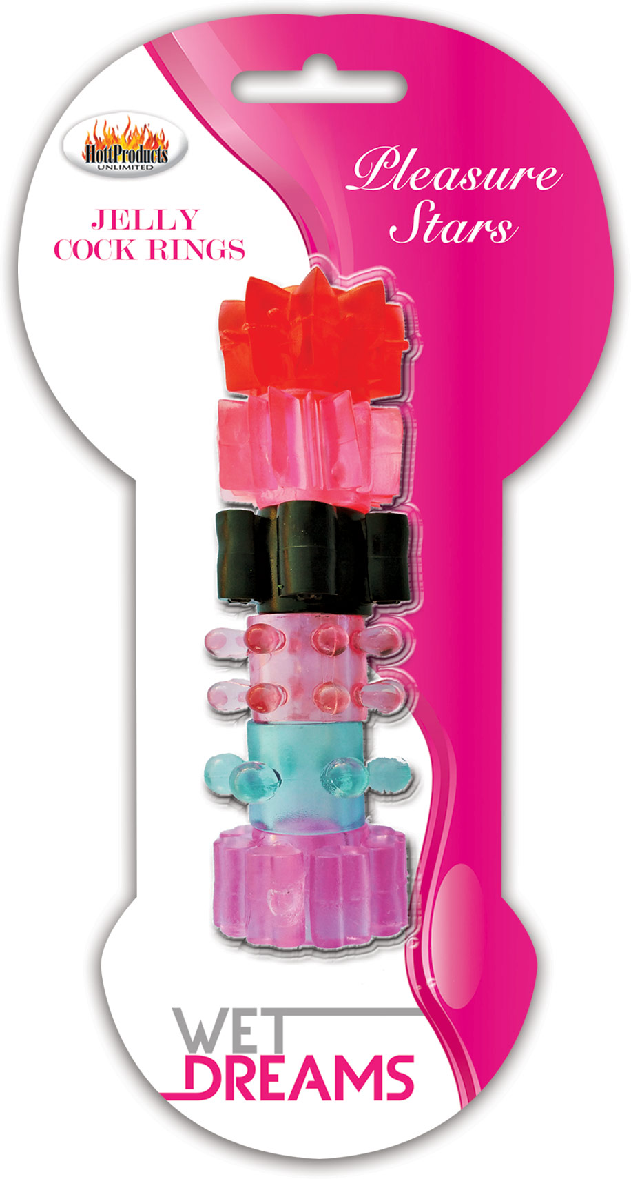 Pleasure Stars Jelly Cock Rings are the perfect fit to keep you hard all night long! These multi-colored rings will tease & please during your next intimate encounter. Made with super soft phthalate free silicone. The super stretchy band fits any man! Includes 6 c-rings in assorted shapes and a rainbow of colors. MEASUREMENTS: Length: 4" (10.16 cm) Width: 4" (10.16 cm)