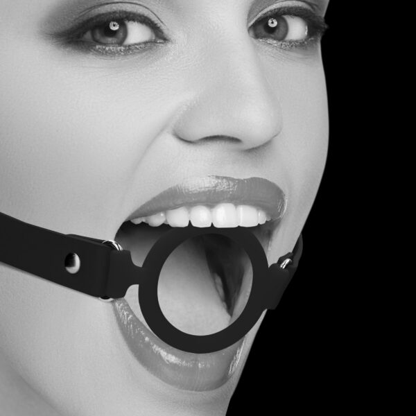 Silicone Ring Gag With Adjustable Bonded Leather  Staps - Black