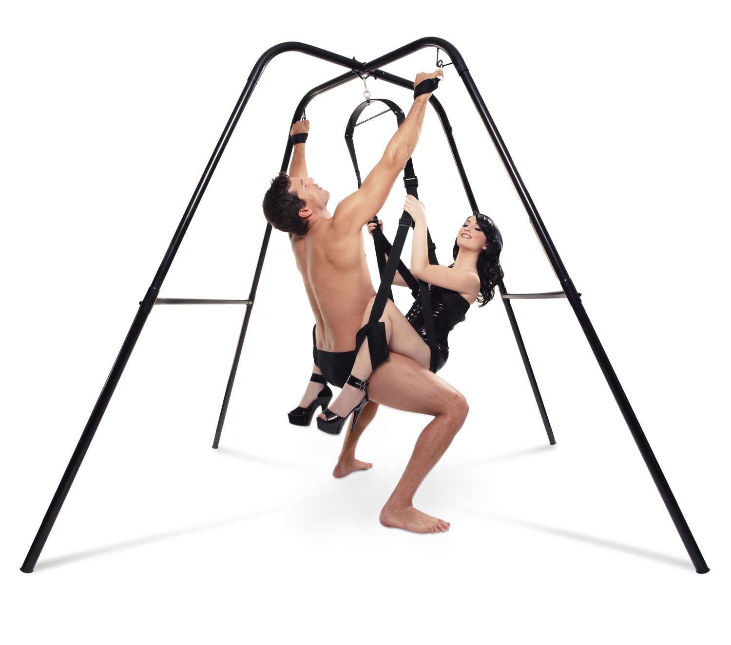 Turn any room in your home into a bondage playground with the incredible Fantasy Swing Stand. Dont worry about drilling holes in the ceiling ever again - the free-standing Fantasy Swing Stand holds up to 400 lbs. and works with any of Pipedream's single-support Fetish Fantasy Swings. They heavy-duty tubular steel frame provides plenty of stability and freedom of movement allowing you to explore new positions you never thought were possible and swing your way into ecstasy. The wide-standing frame assembles in less than 10 minutes with the features built-in Bondage Loops allowing you to connect a variety of your favorite Fetish Fantasy bondage restraints cuffs and ties to create exciting new bondage scenarios. You can instantly transform your ordinary sex swing into an amazing Bondage Swing by utilizing these built-in steel loops - the possibilities for pleasure are endless. The frame also provides extra support for trying new positions in the swing. Both partners can use the heavy-duty overhead bars and crossbars for added support