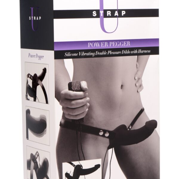 Power Pegger Silicone Vibrating Double Dildo With  Harness - Black