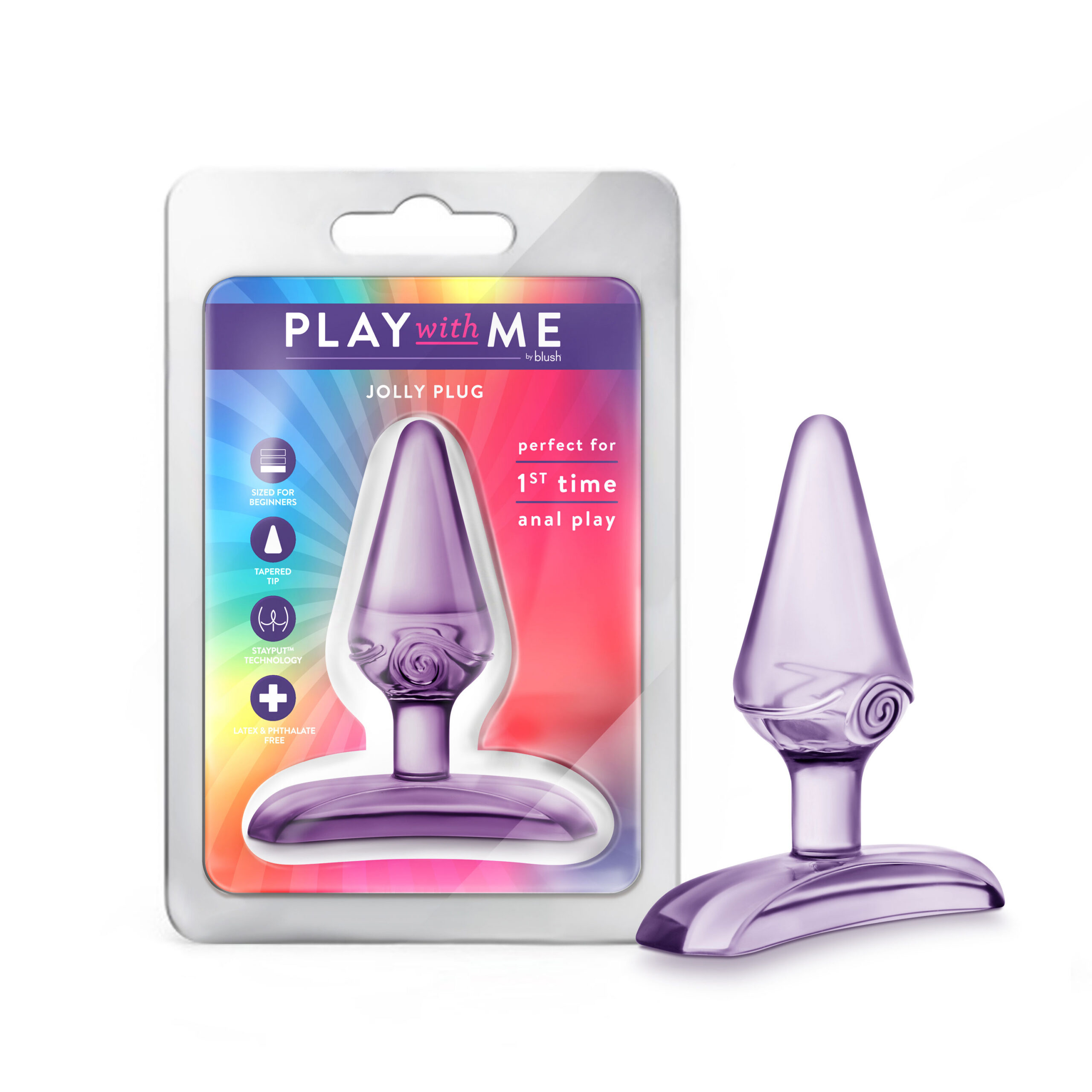 The Jolly Plug from Blush is the perfect anal toy for beginners if youre just experimenting with your pleasure or if you have been hesitant to try anal play. This butt plug has a tapered tip for easy insertion and is small enough for long-term wear and comfort during anal training. The Jolly Plug has StayPut technology for security